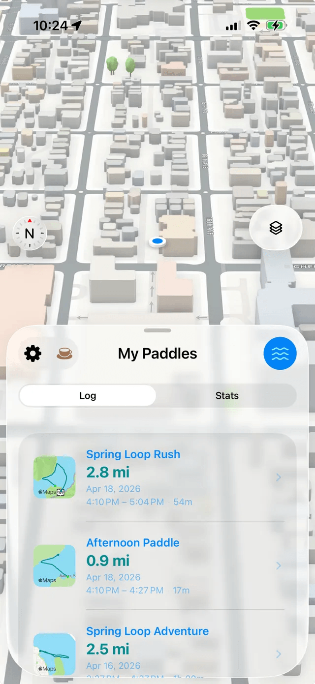 Oarsum map view with My Paddles sheet listing recent sessions